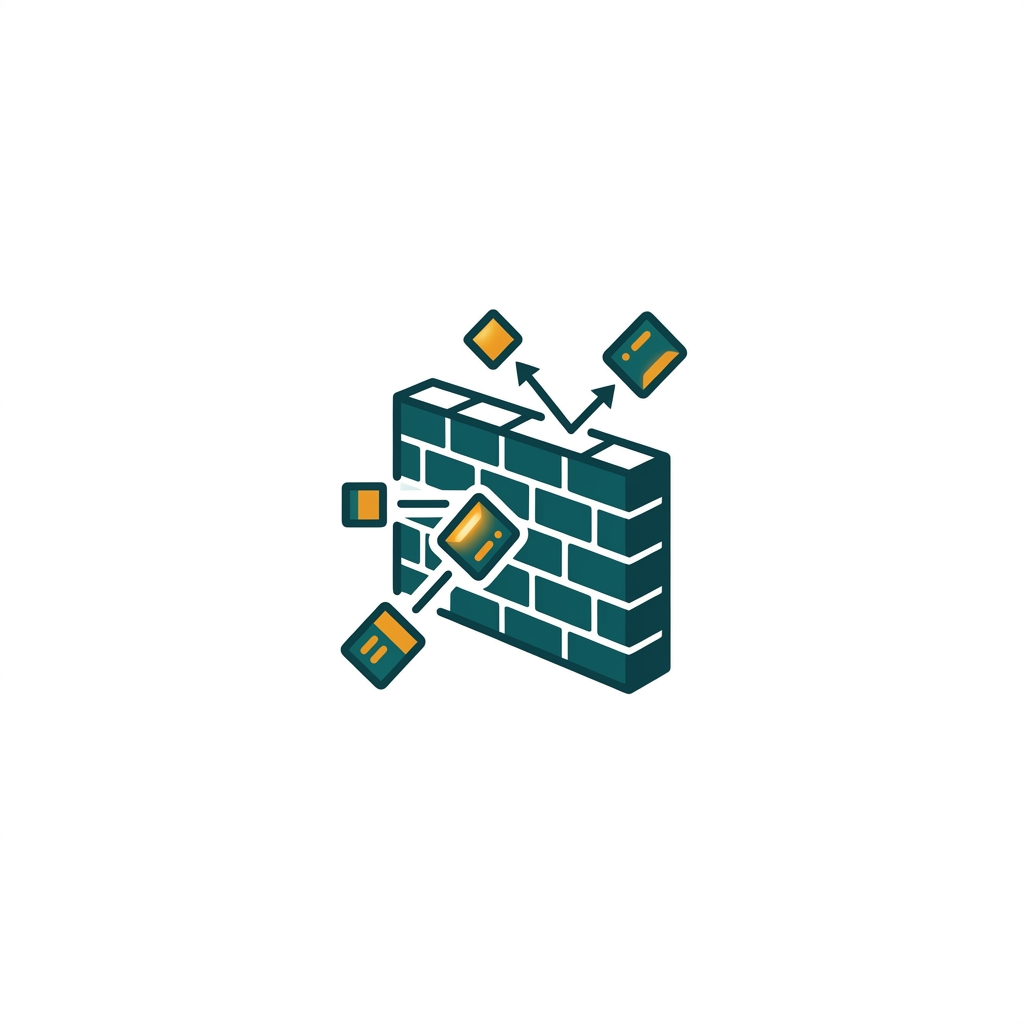 a solid brick wall with digital data packets bouncing off it, minimal vector icon