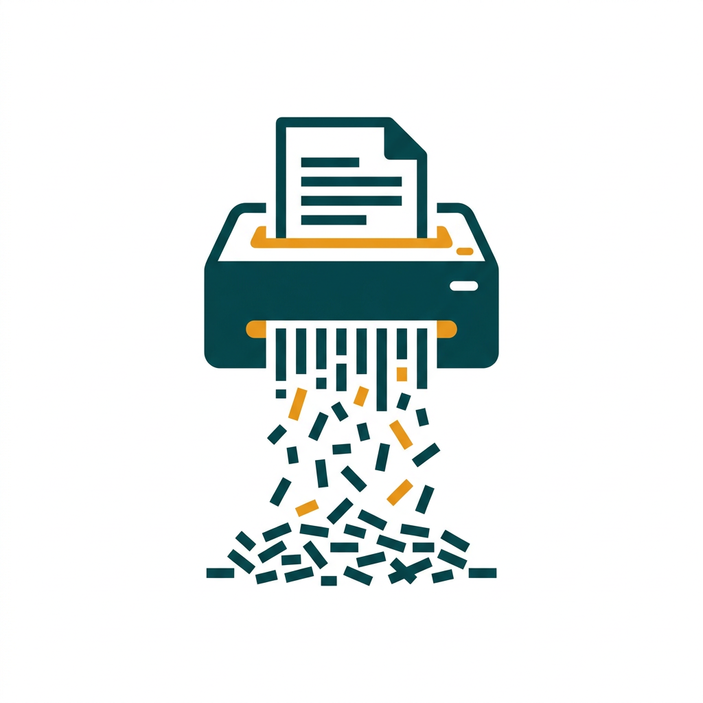 a paper document being fed into a shredder, turning into tiny pieces, minimal vector icon