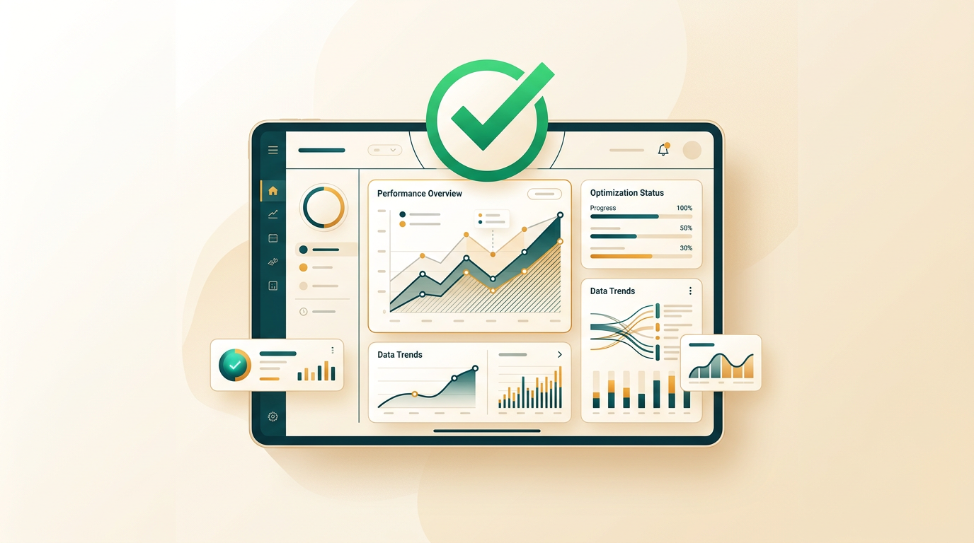 a sleek, abstract dashboard interface showing performance graphs and optimization metrics with a prominent green checkmark, clean and futuristic design