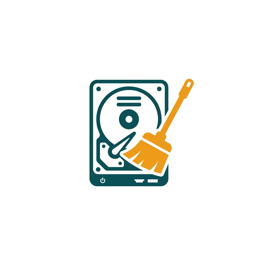 a simple hard disk drive icon with a broom sweeping across it