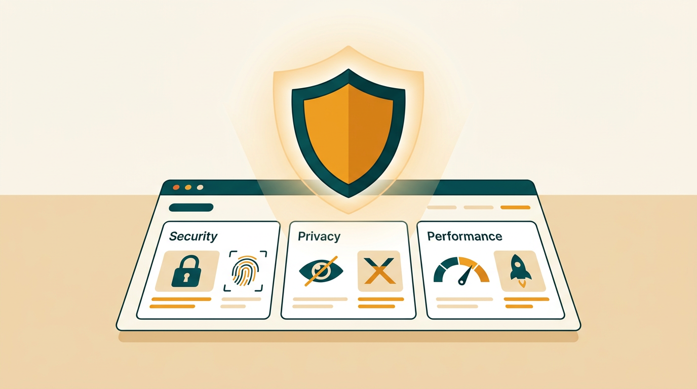 a digital shield icon radiating protective light over a simplified user interface showing security, privacy, and performance modules, clean vector style on a soft gray background