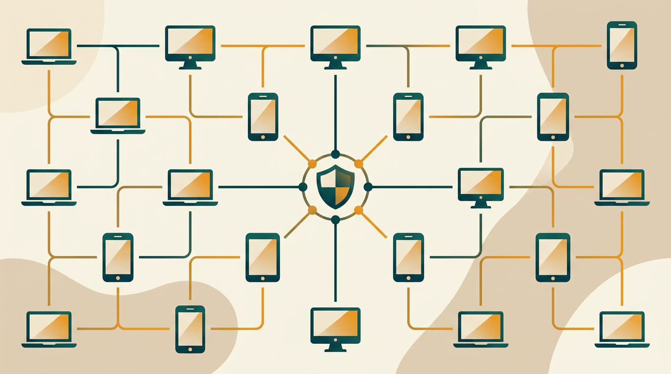 a seamless grid of icons representing a computer, smartphone, and tablet, all connected and protected by a central security hub, flat design with connecting lines