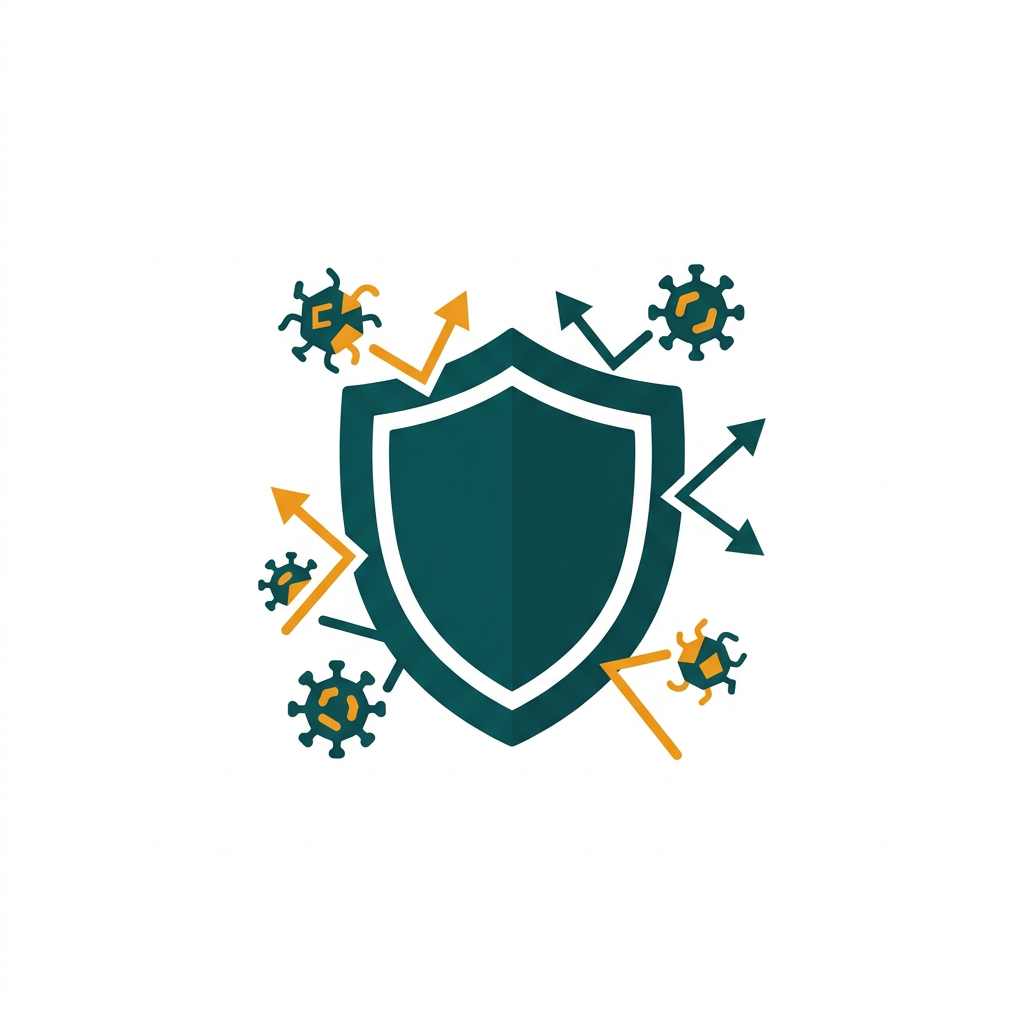 a solid shield icon deflecting small digital virus symbols, minimalist design