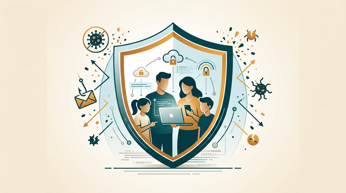 a clean, modern graphic showing a digital shield protecting a family using a laptop and a smartphone, with icons for viruses and phishing being blocked.