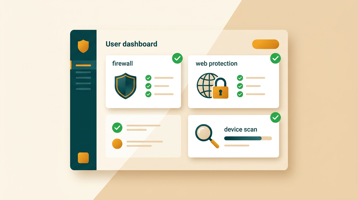a user interface dashboard of a modern security software, showing green checkmarks and clear status indicators for firewall, web protection, and device scan.