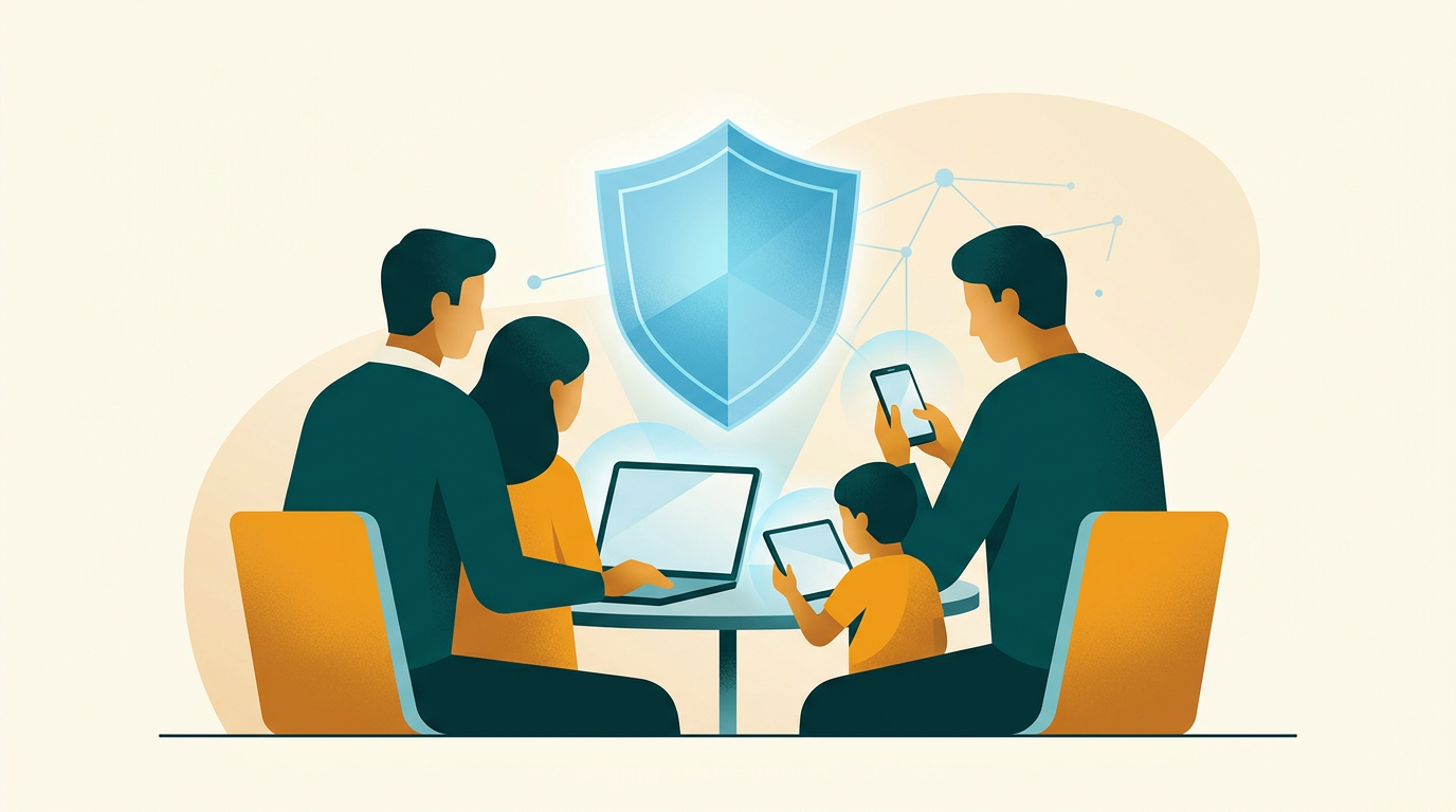 a clean, modern digital illustration of a family using a laptop, tablet, and smartphone, all protected by a glowing blue shield icon, symbolizing cybersecurity