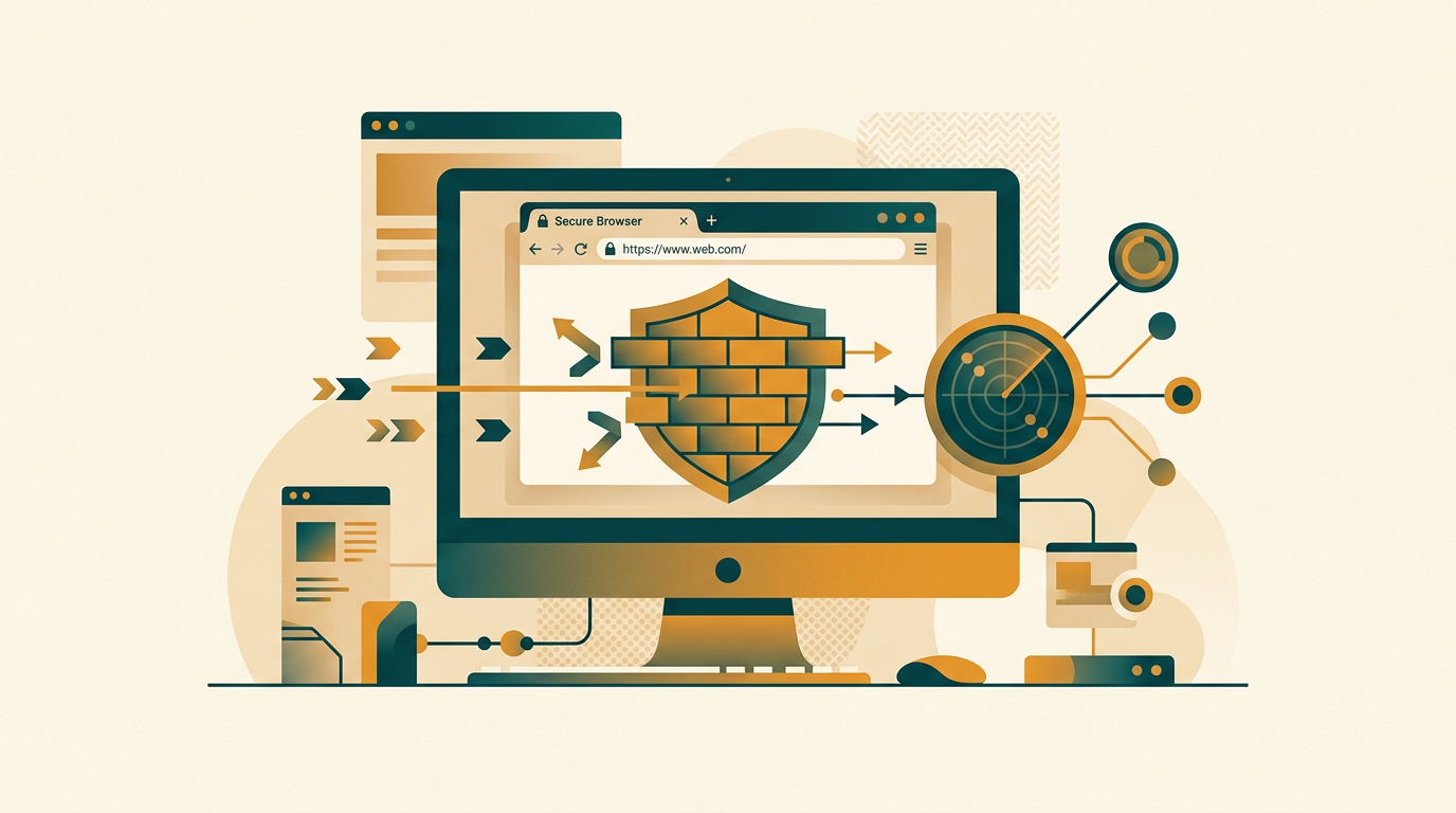 a detailed infographic-style illustration showing various digital security features like a firewall, a secure browser window, and a network scanner working together on a user's desktop