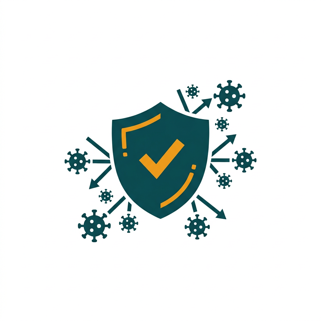 a vector icon of a shield with a checkmark, deflecting digital virus icons