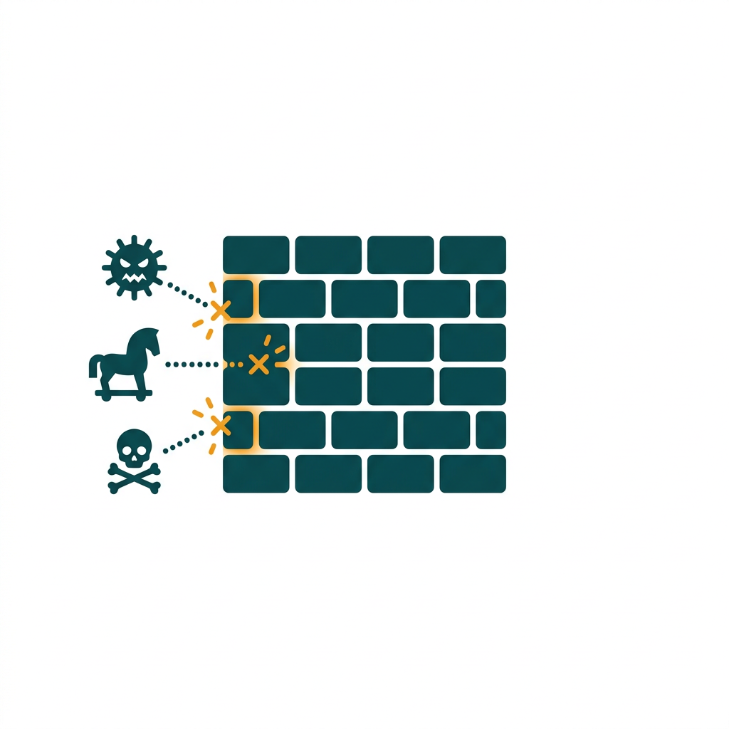 a minimalist illustration of a firewall brick wall blocking incoming digital threats
