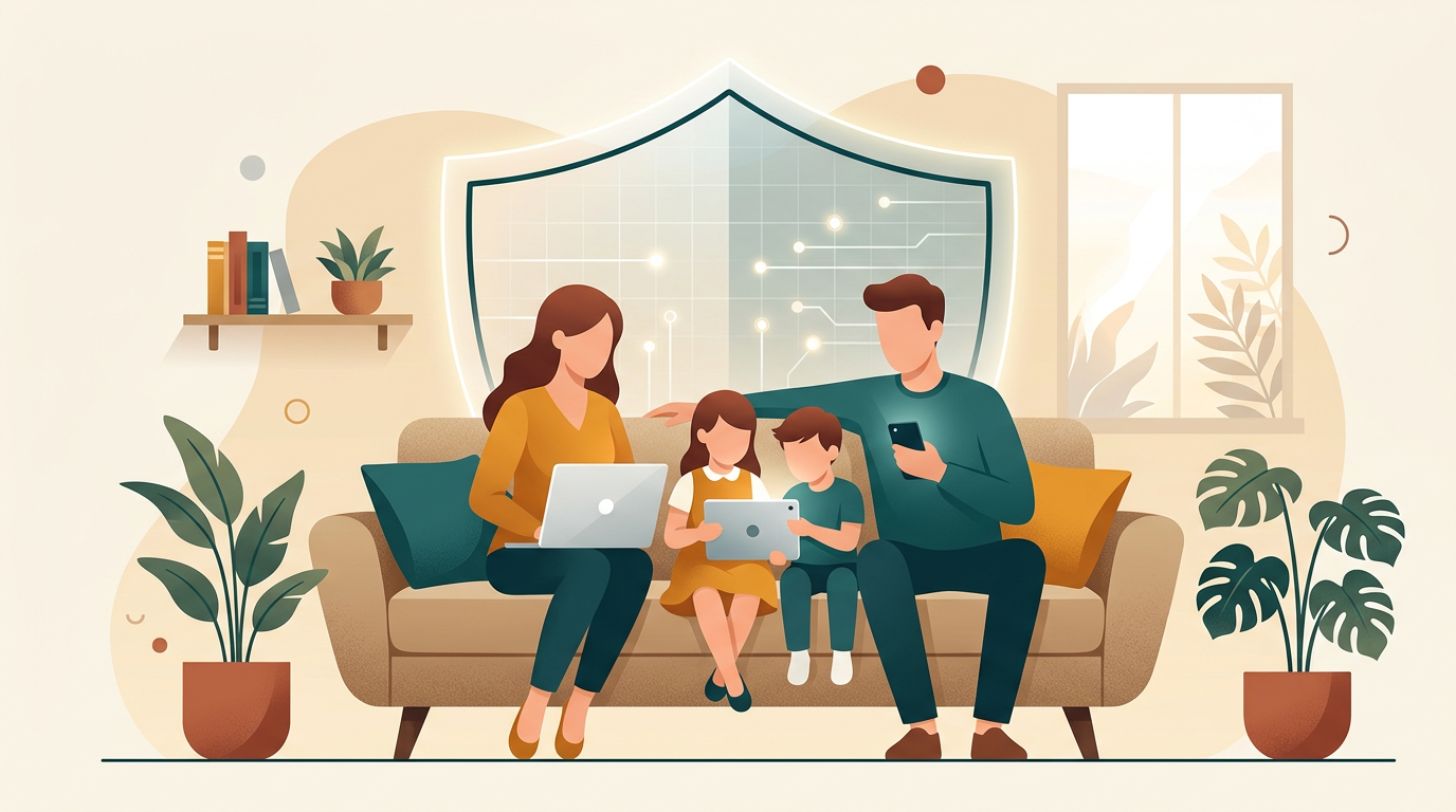 a modern family using a laptop, tablet, and smartphone together on a comfortable sofa, with a subtle transparent shield graphic overlaying them, symbolizing digital protection