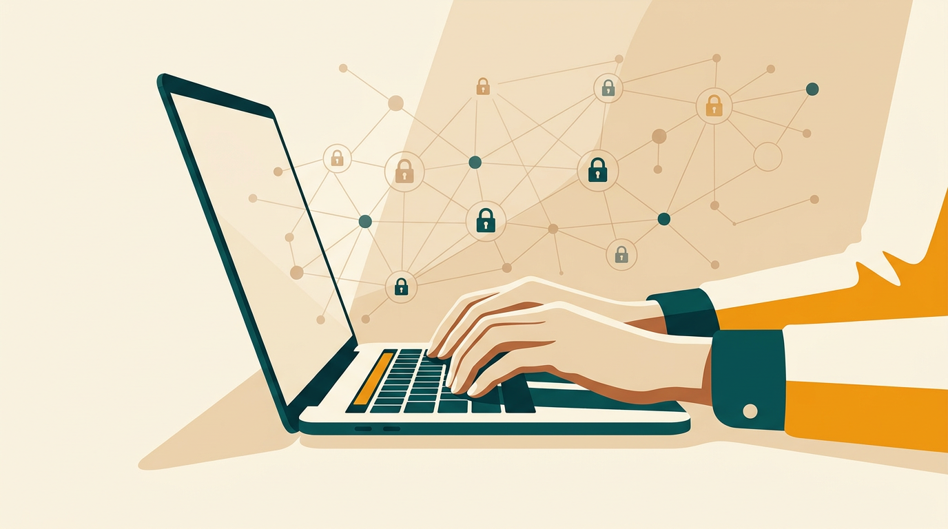 a close-up of a person's hands typing on a laptop keyboard, with a transparent layer showing a complex network of secure connections, data nodes, and padlock icons