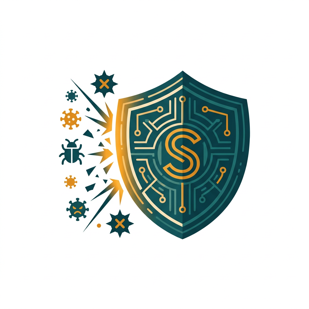 a complex digital shield icon actively deflecting incoming virus and malware symbols