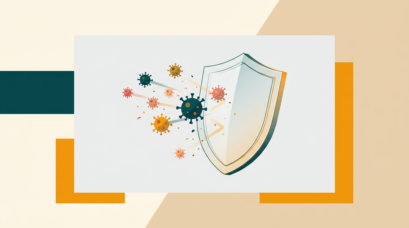 a minimalist digital illustration of a transparent shield deflecting colorful virus icons, on a clean light gray background, symbolizing digital protection