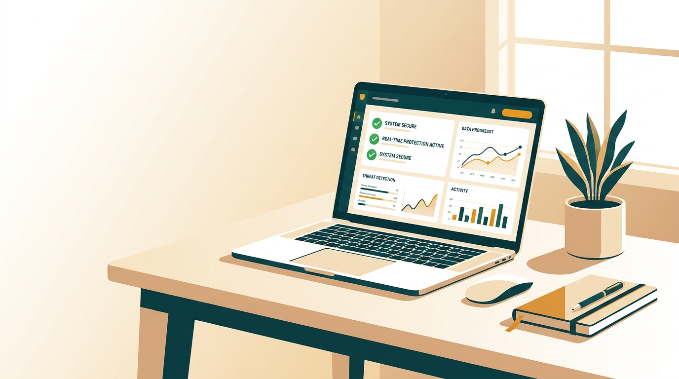 a clean desk setup with a laptop displaying a security software dashboard with green checkmarks and graphs, indicating safety and control