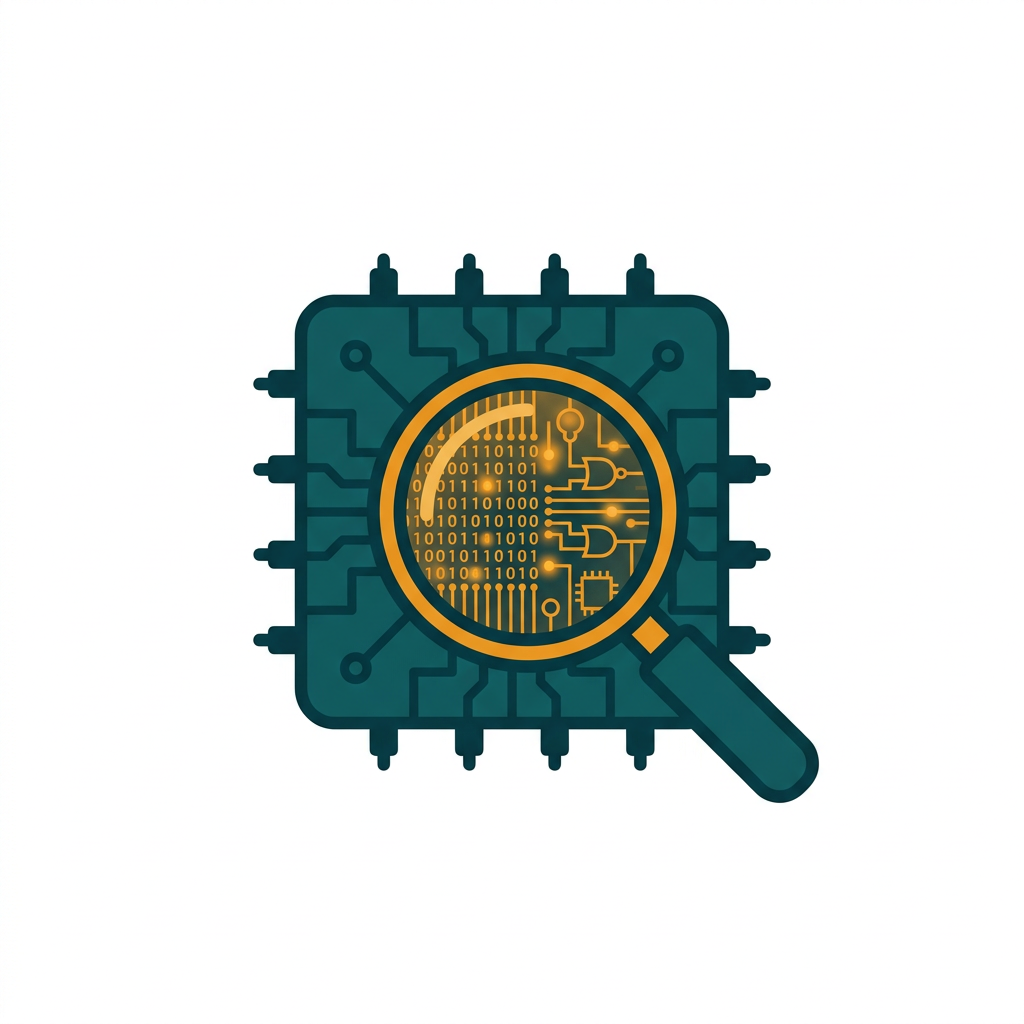 a computer chip with a small magnifying glass, showing a deep system-level scan