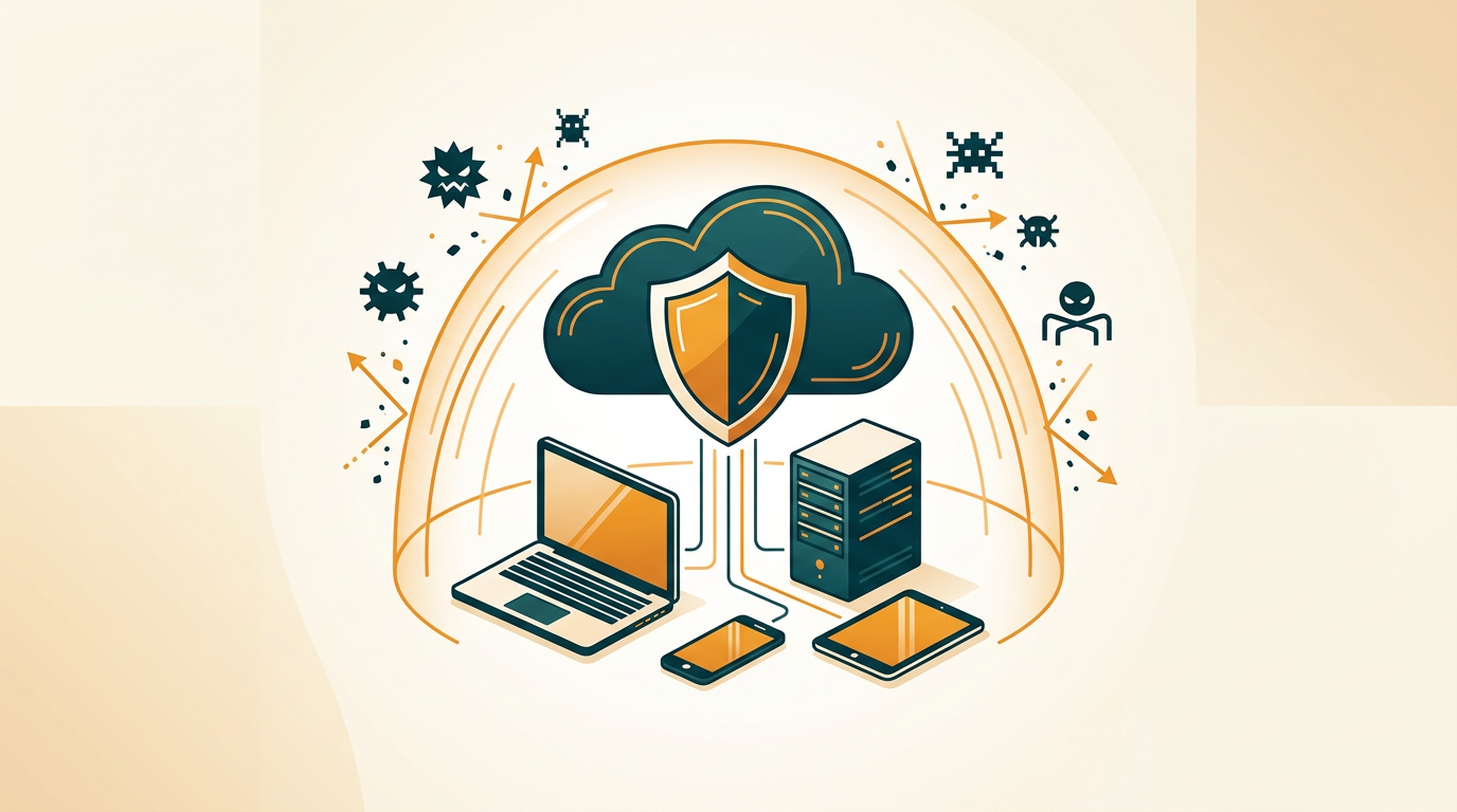a sleek, minimalist diagram showing a central cloud shield protecting various business devices like laptops, servers, and smartphones against digital threats