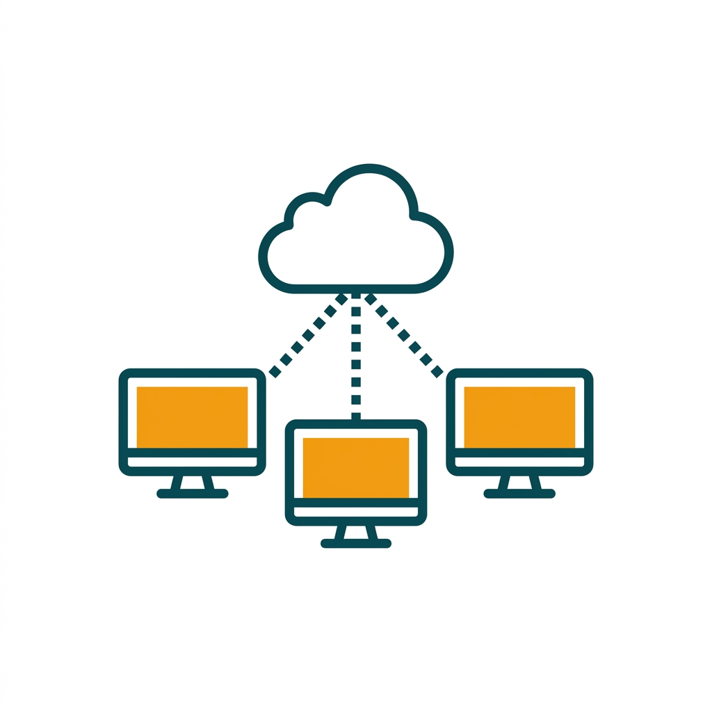 a simple cloud icon connected to multiple computer monitors via dotted lines