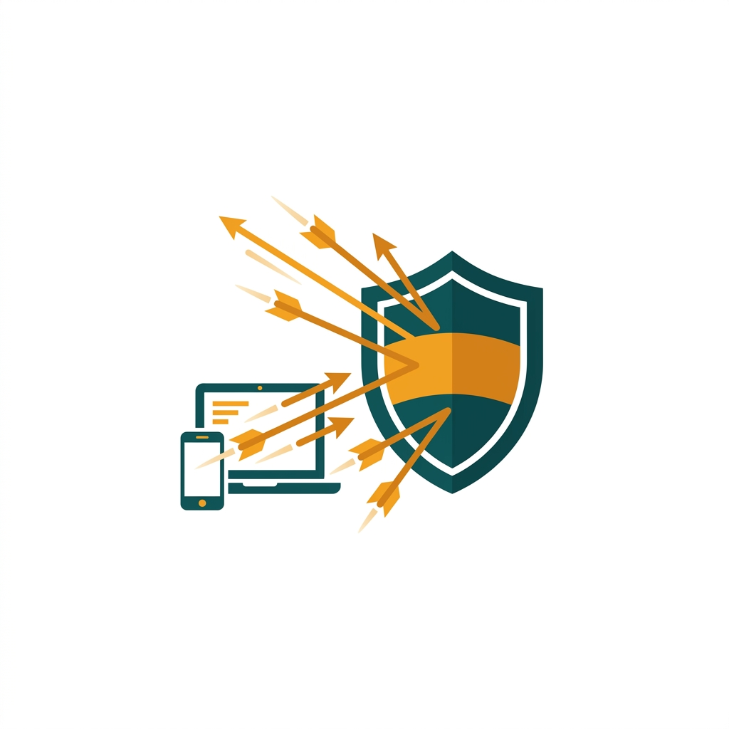 a stylized shield deflecting digital arrows from a laptop and a smartphone