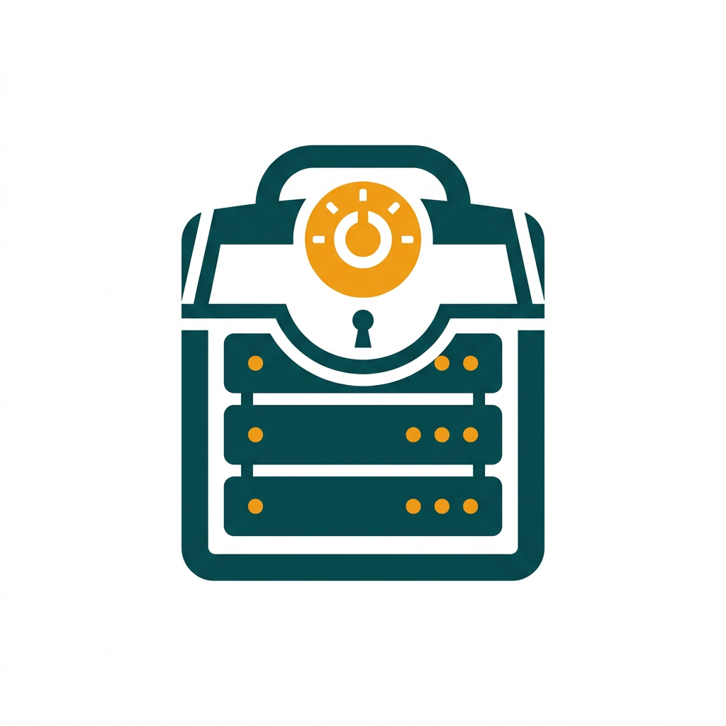 a secure digital vault icon protecting a server rack with blinking lights