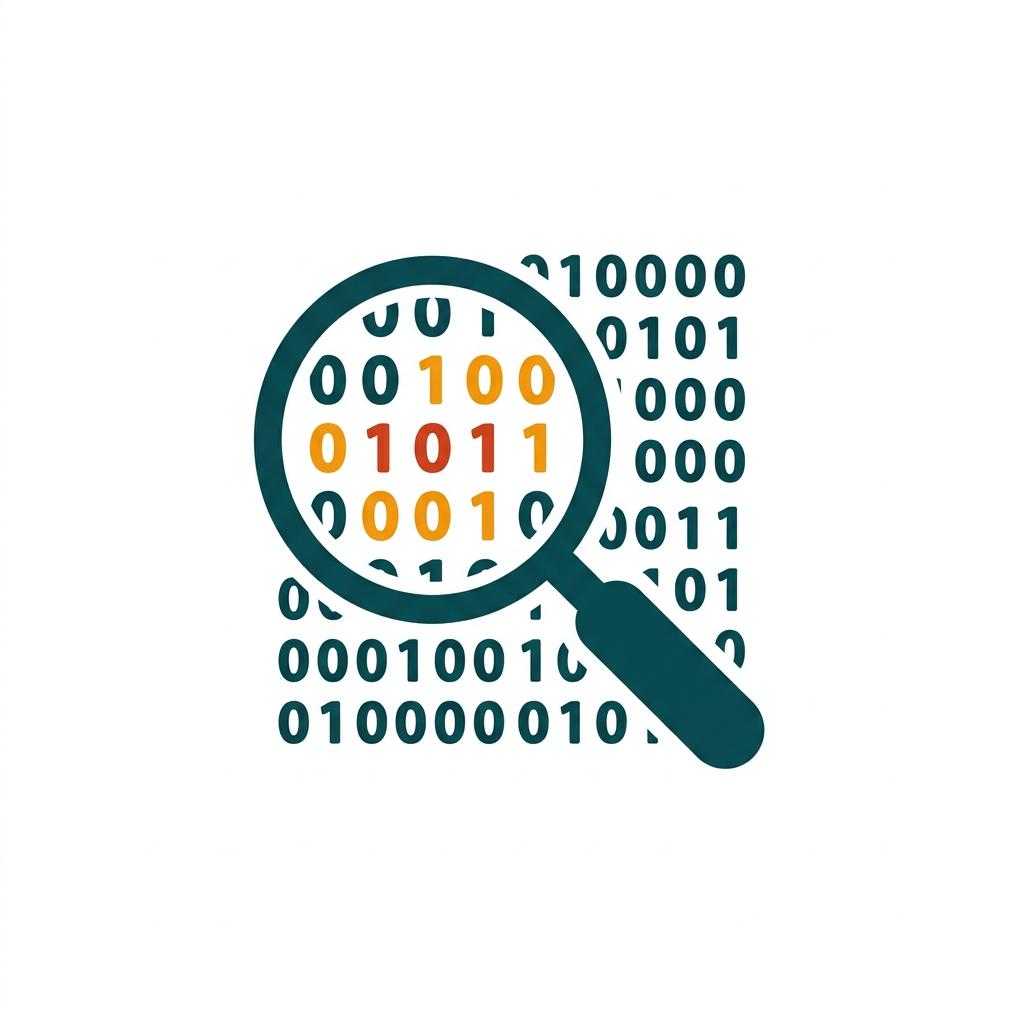 a magnifying glass scanning a block of binary code for threats