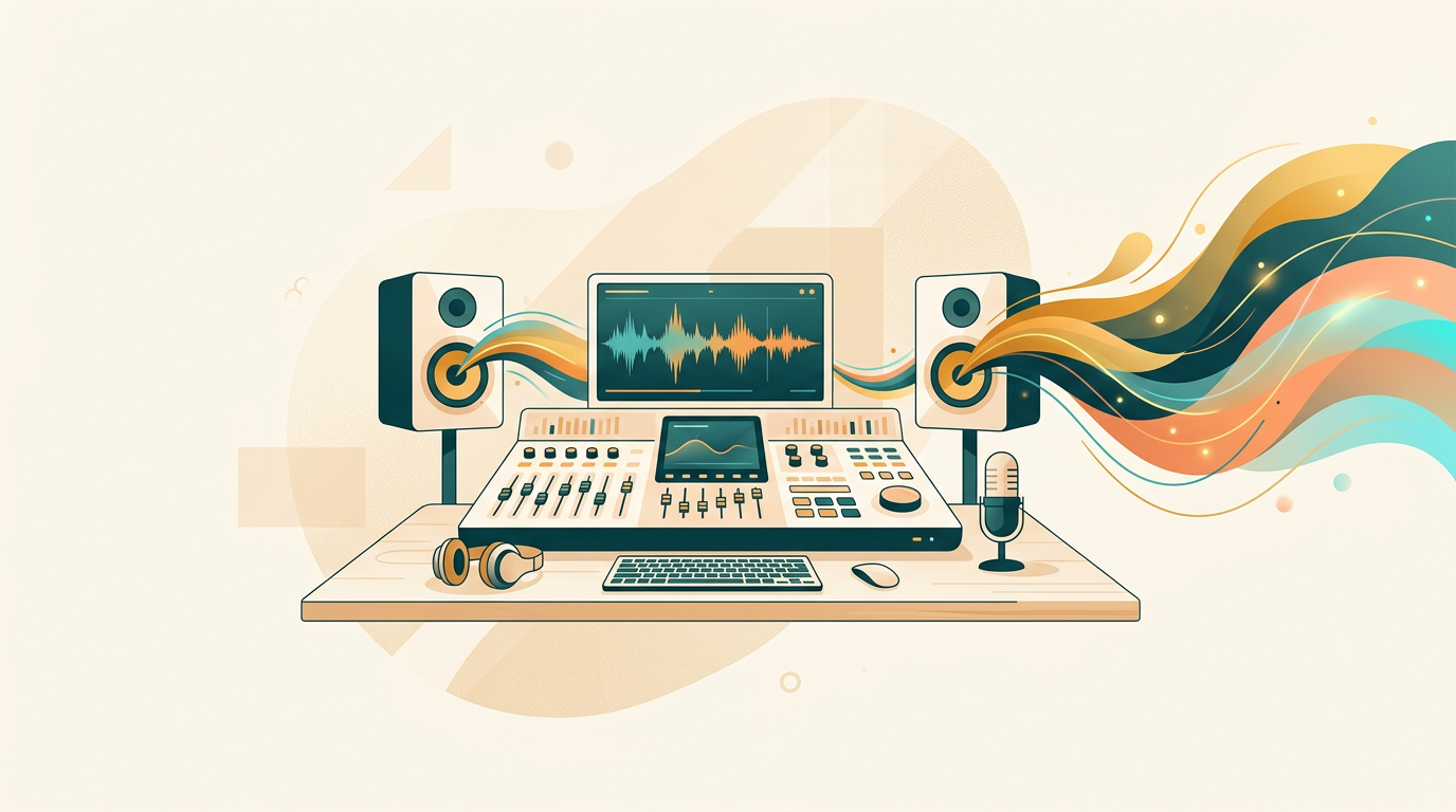 a stylized studio mixing desk with abstract colorful sound waves flowing from the speakers, clean and modern illustration