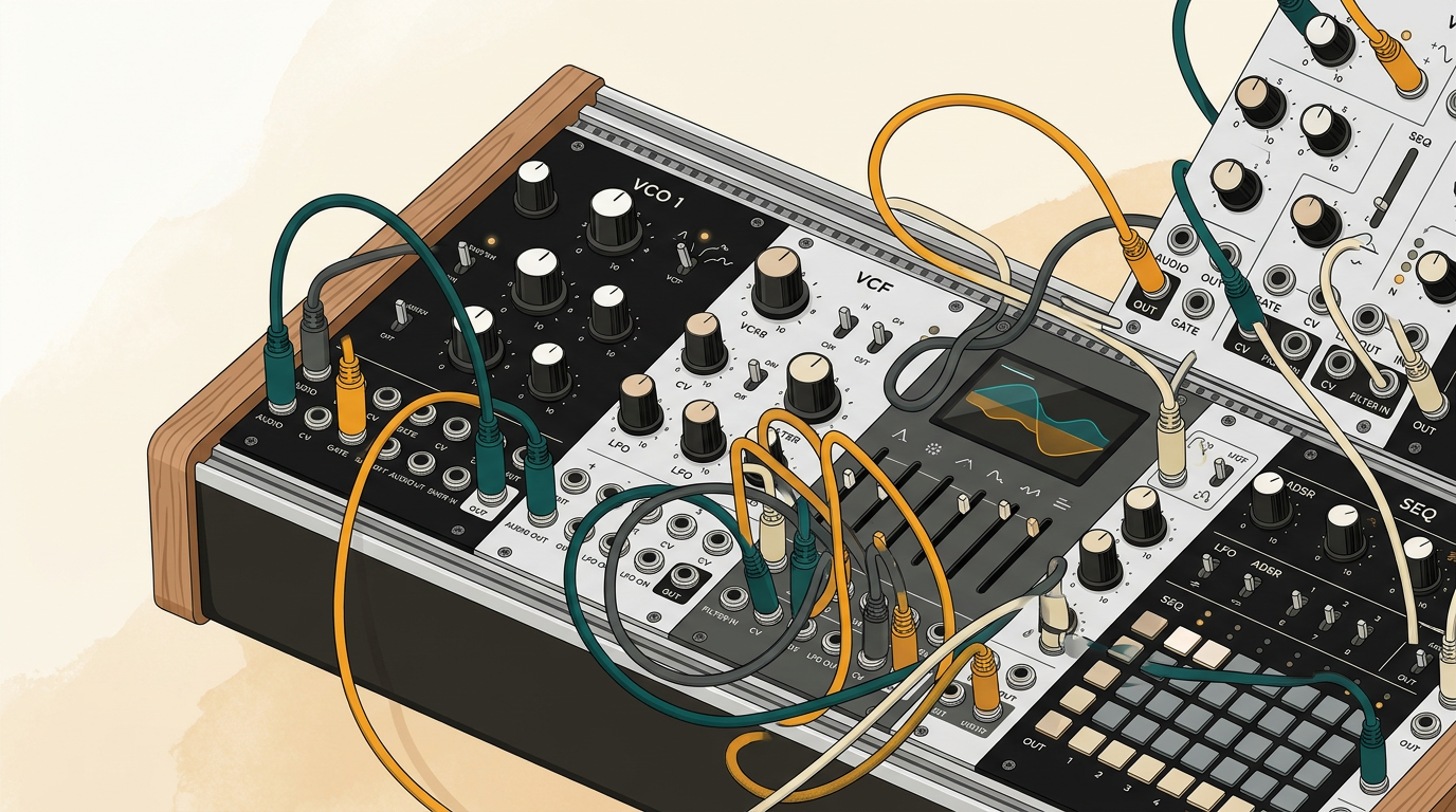 a close-up shot of a modular synthesizer with patch cables connecting different modules, representing complex audio routing and modulation