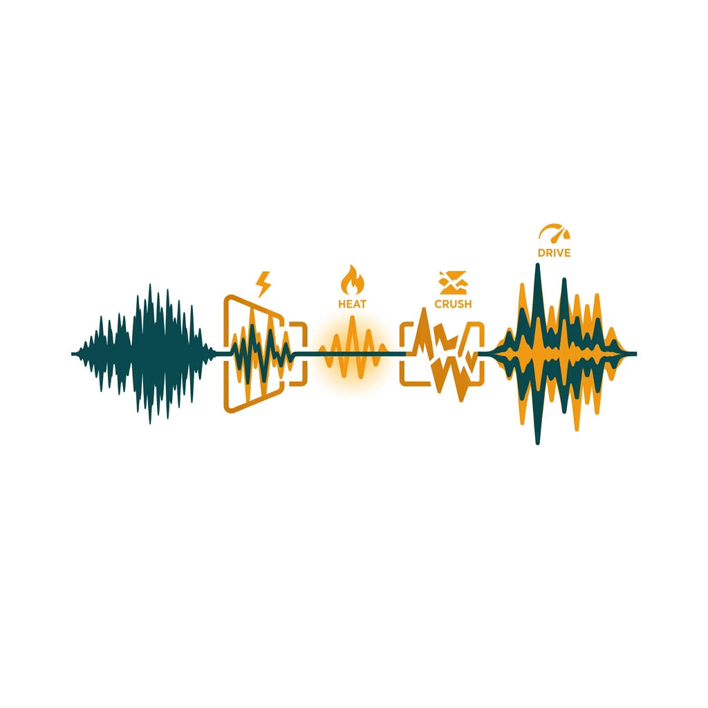 a complex audio waveform being passed through a series of colorful distortion and saturation stages