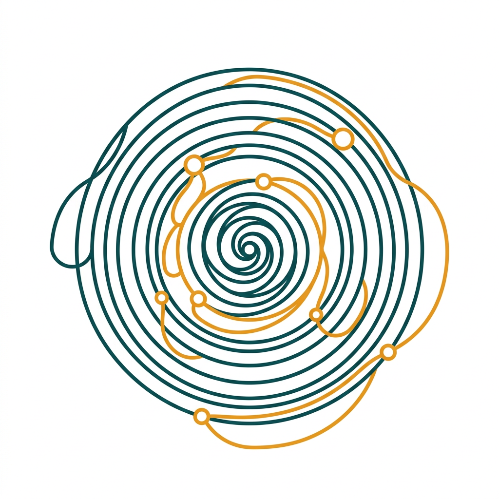an abstract representation of a tape loop delay with multiple taps and feedback paths creating a sonic spiral