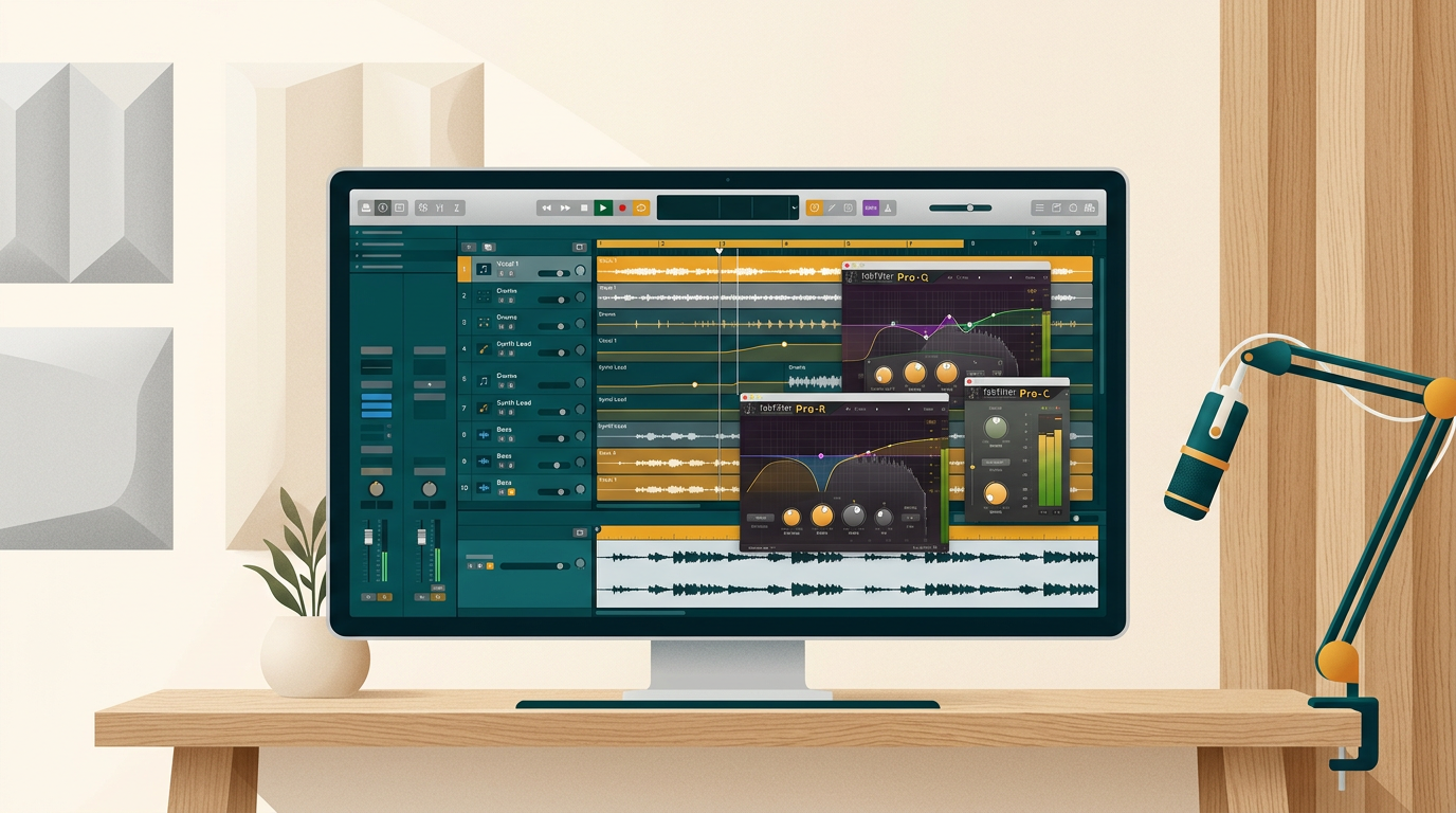 a clean, modern digital audio workstation interface on a monitor, showing multiple audio tracks with colorful FabFilter plugin windows open, soft studio lighting