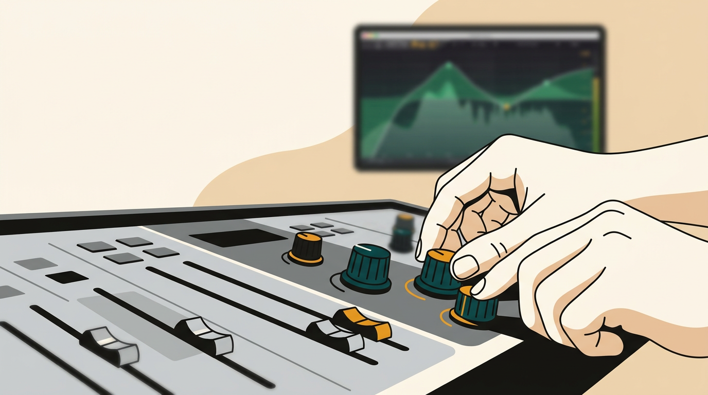a focused close-up shot of a sound engineer's hands adjusting knobs on a mixing console, with a computer screen showing the FabFilter Pro-Q 3 interface blurred in the background