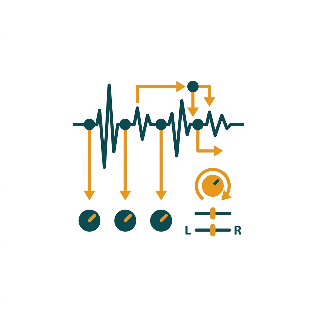 a waveform display showing multiple delay taps with feedback and panning controls
