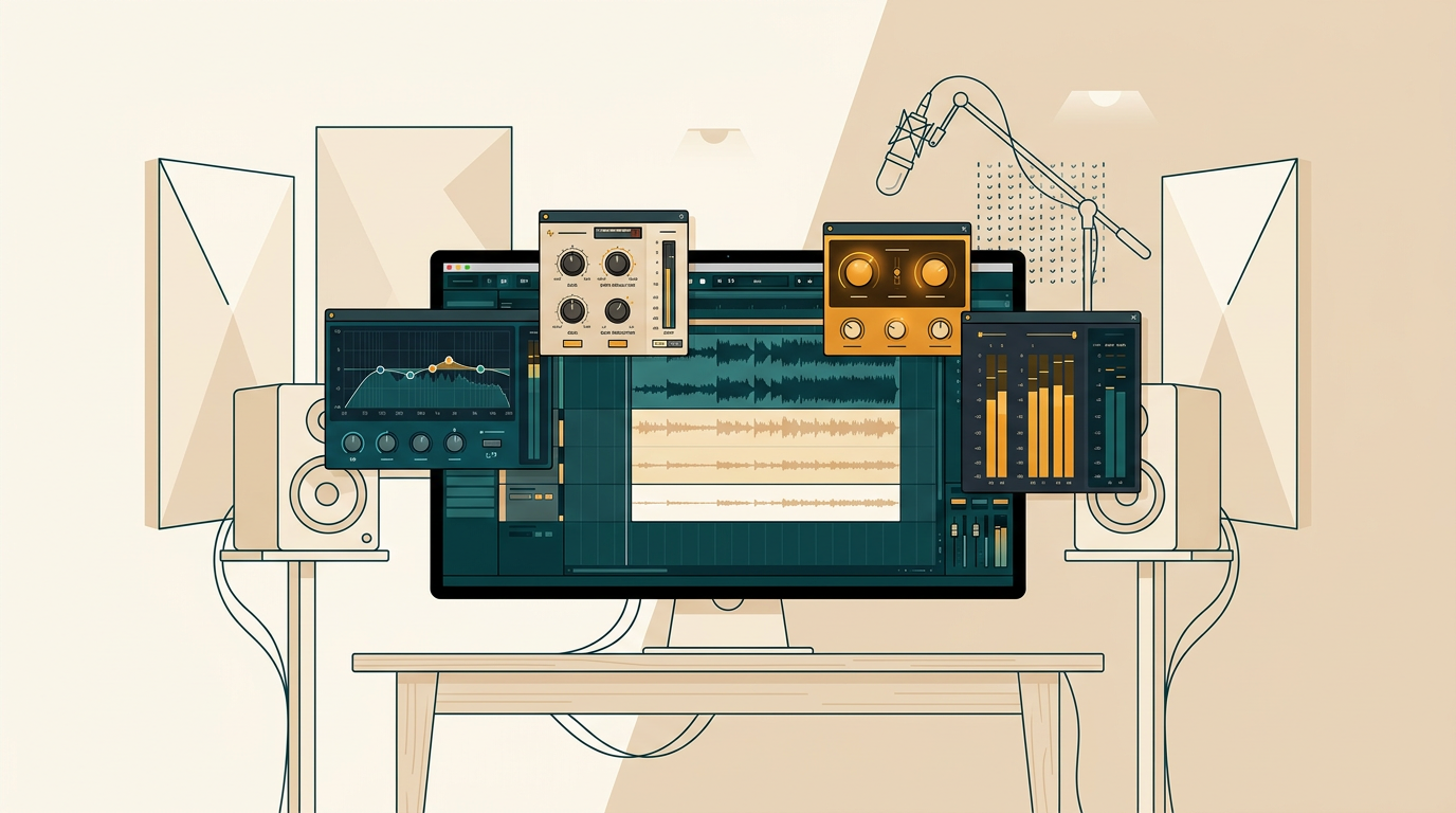 a sleek digital audio workstation interface on a monitor, showing a mastering chain with several colorful plugin windows open, clean studio background