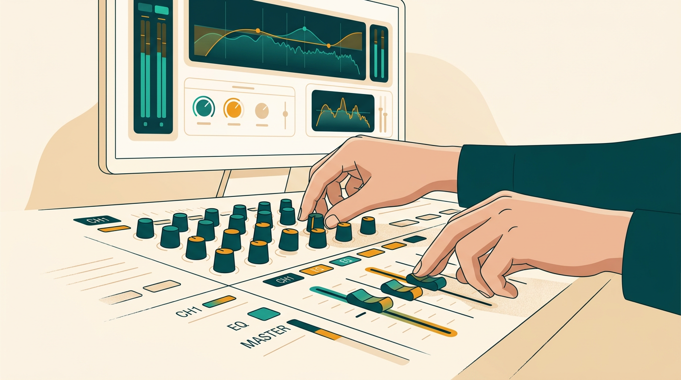 a close-up shot of a mastering engineer's hands on a mixing console, with plugin interfaces visible on the screen in the background, focused and professional atmosphere