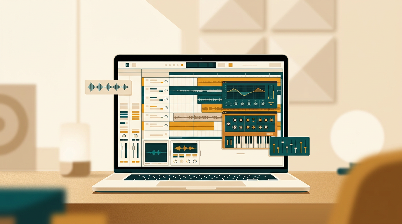 a clean and modern digital audio workstation interface on a laptop screen, showing colorful audio plugin windows over a music production timeline, soft studio background