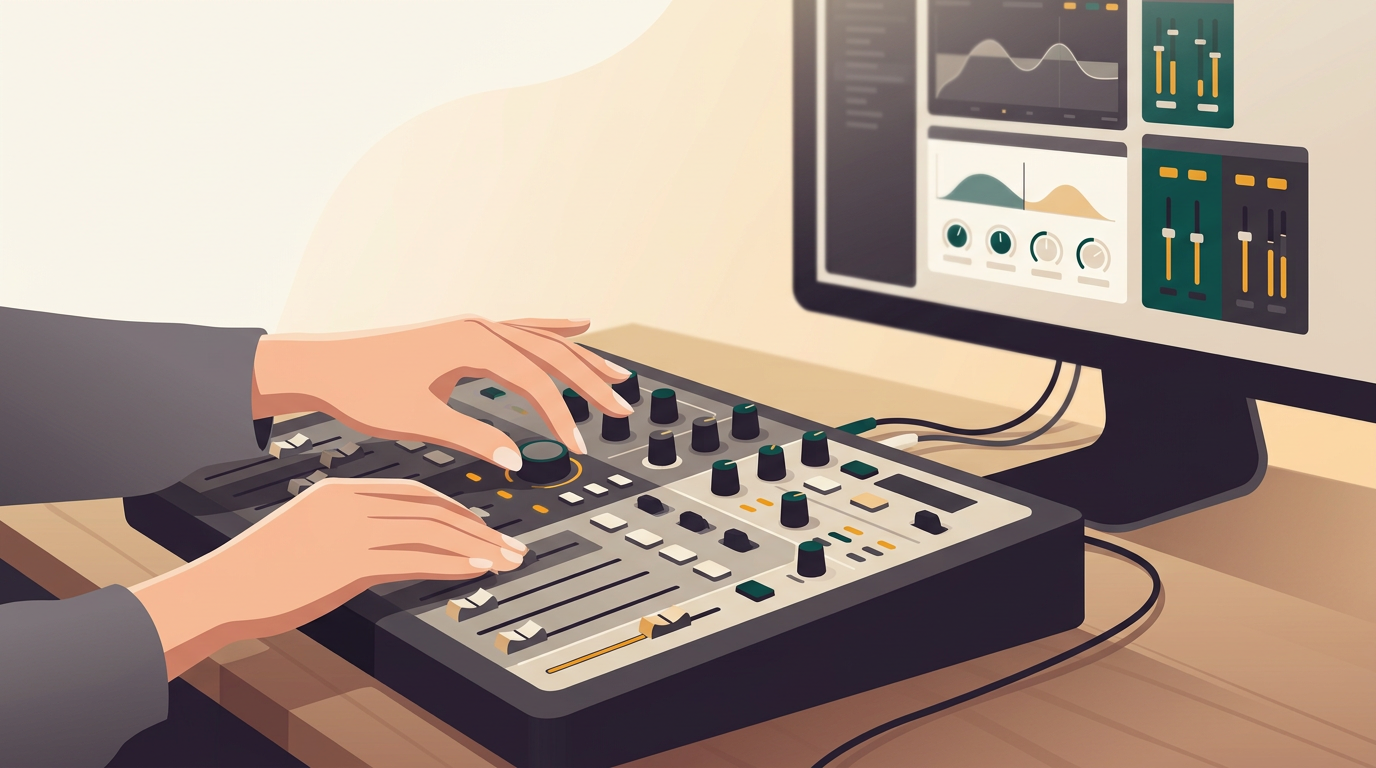 a close-up shot of a music producer's hands adjusting knobs on a mixing console, with plugin interfaces visible on a monitor in the blurred background, creative and focused atmosphere