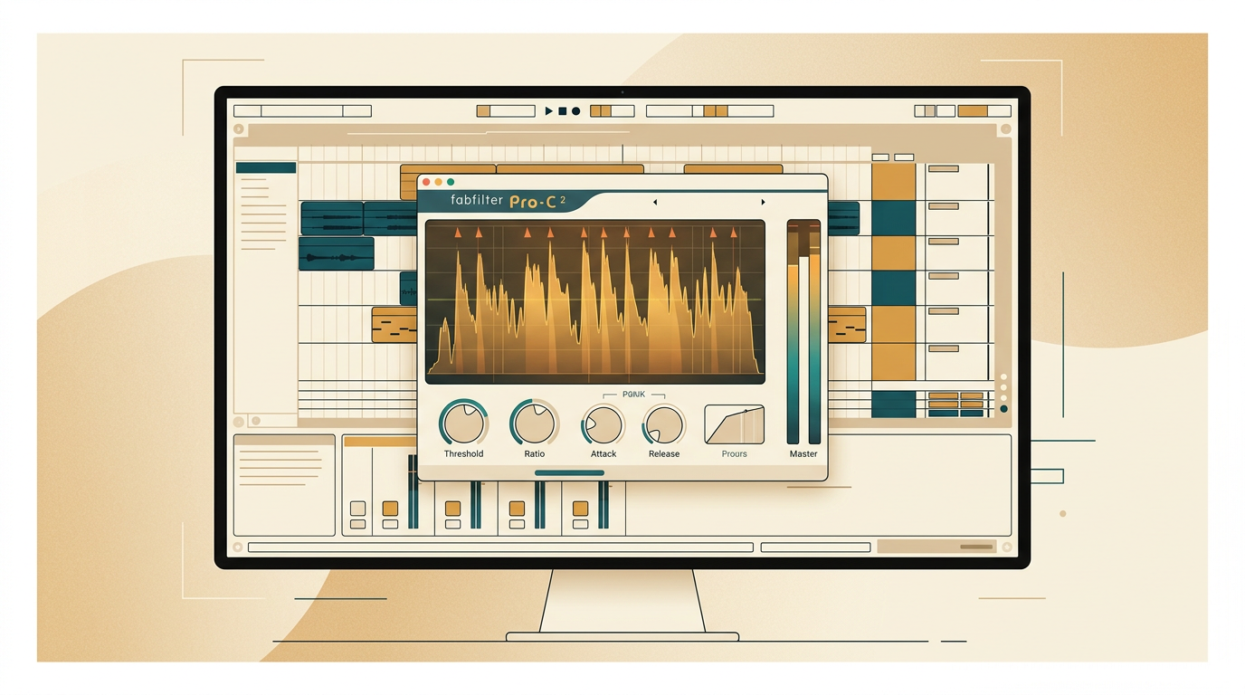a sleek digital audio workstation interface on a high-resolution monitor, prominently displaying the FabFilter Pro-C 2 plugin with its glowing animated level display and clean vector graphics