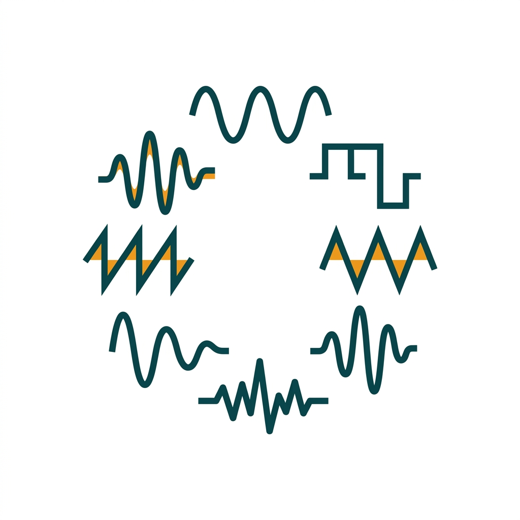 an abstract representation of eight different sound wave shapes arranged in a circular pattern