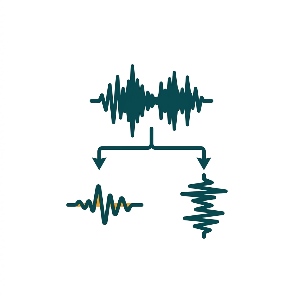 a stereo waveform splitting into two separate mid and side channel waveforms