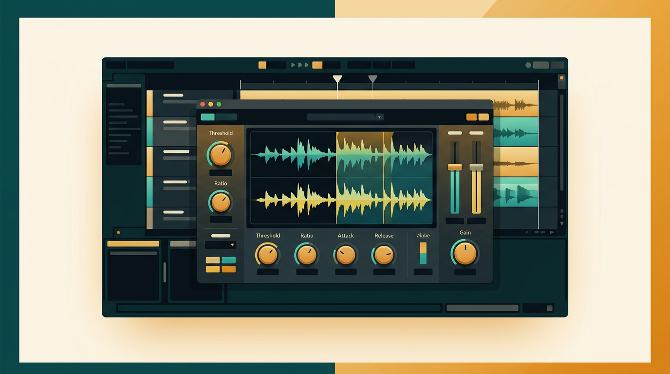 a detailed digital audio workstation interface showing the FabFilter Pro-C 3 plugin window with colorful waveforms and controls, dark mode theme