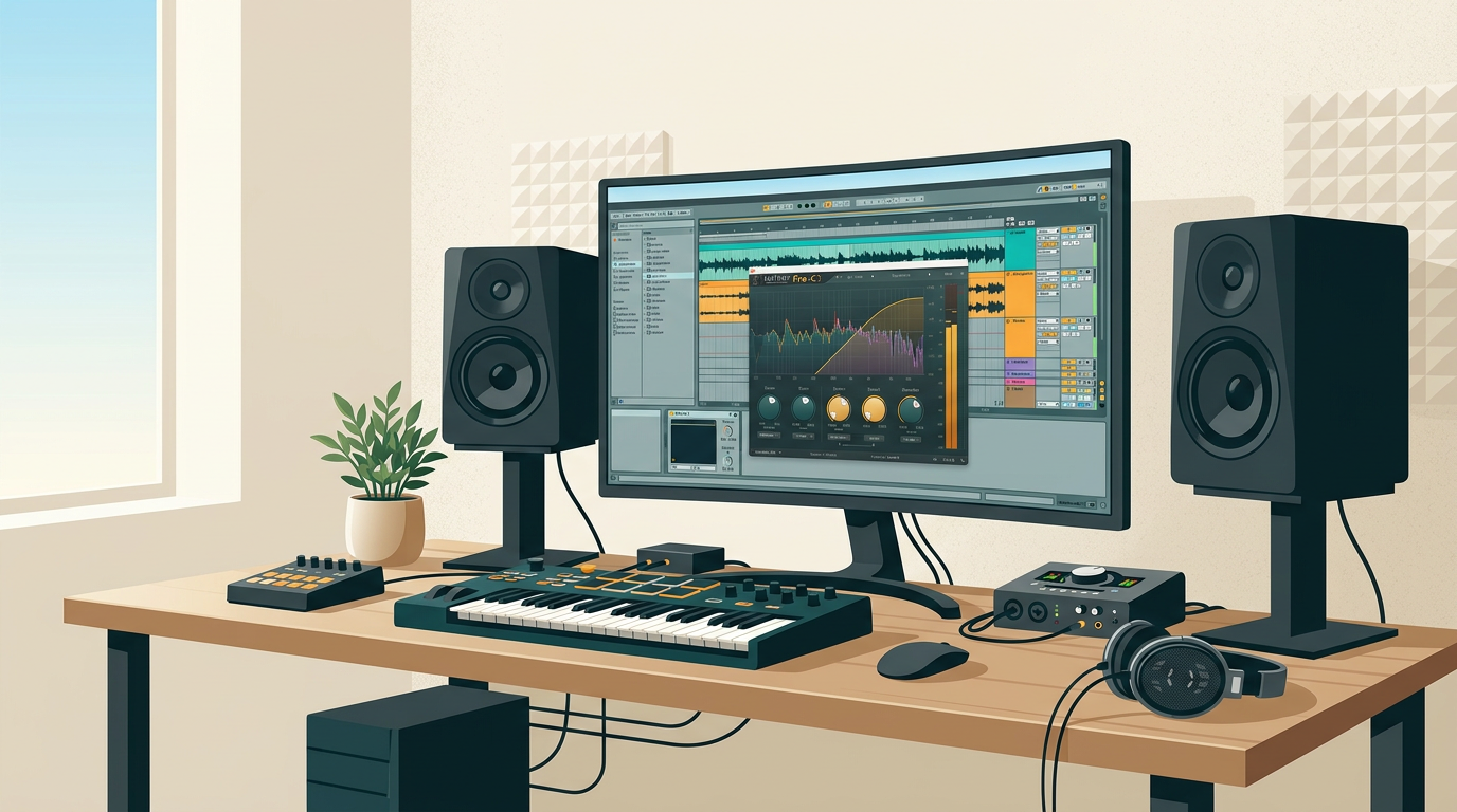 a music producer's desk setup with studio monitors, an audio interface, and a computer screen displaying a complex music project with the FabFilter Pro-C 3 plugin open