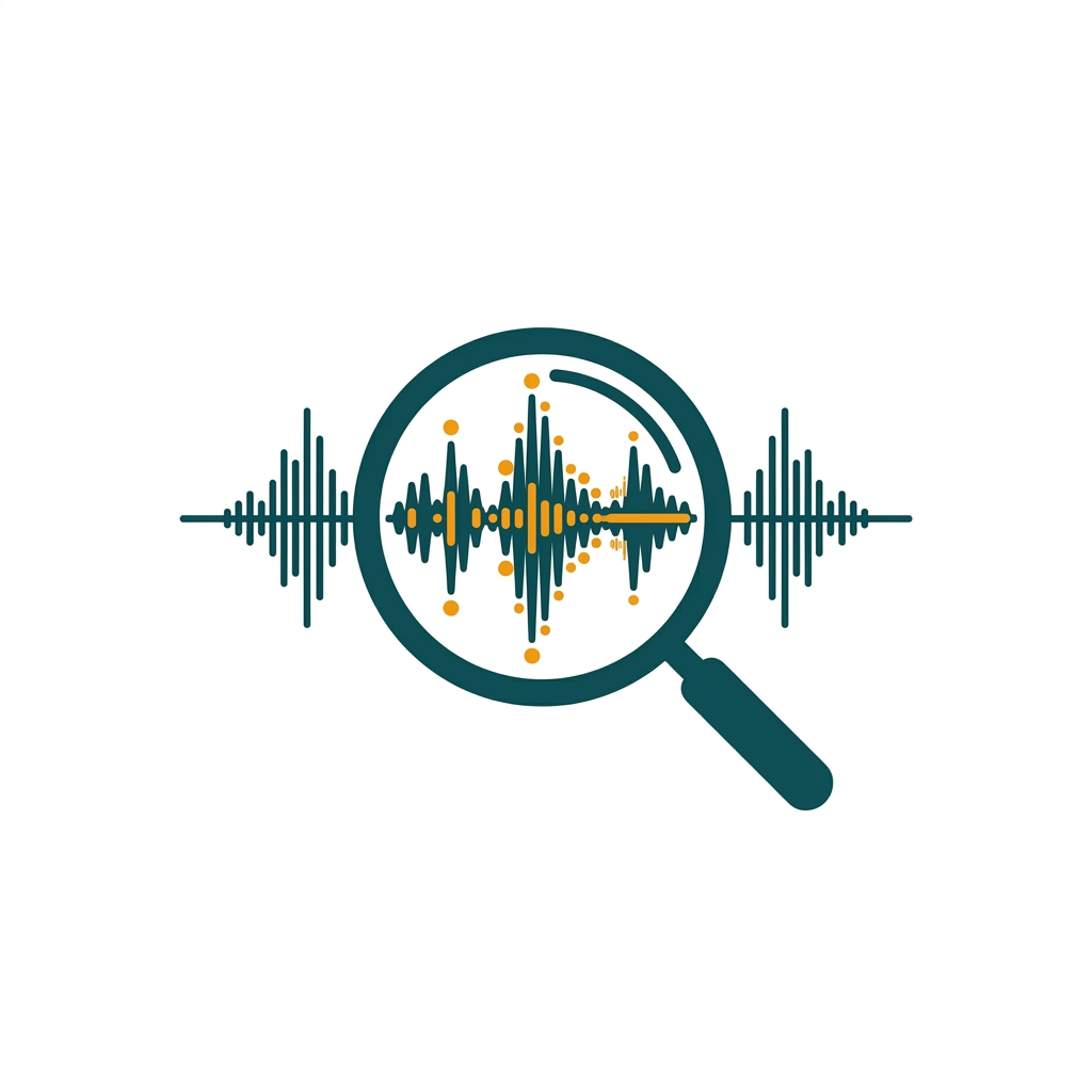 a magnifying glass focusing on a digital audio waveform, revealing more detail and data points