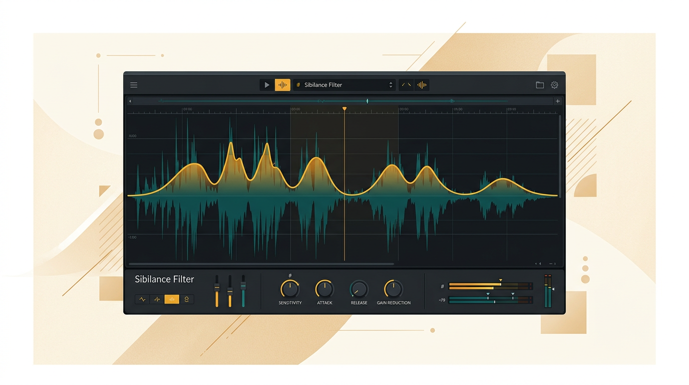 a clean waveform display on a dark background, showing sibilance peaks being smoothly attenuated by a yellow line, digital audio workstation aesthetic