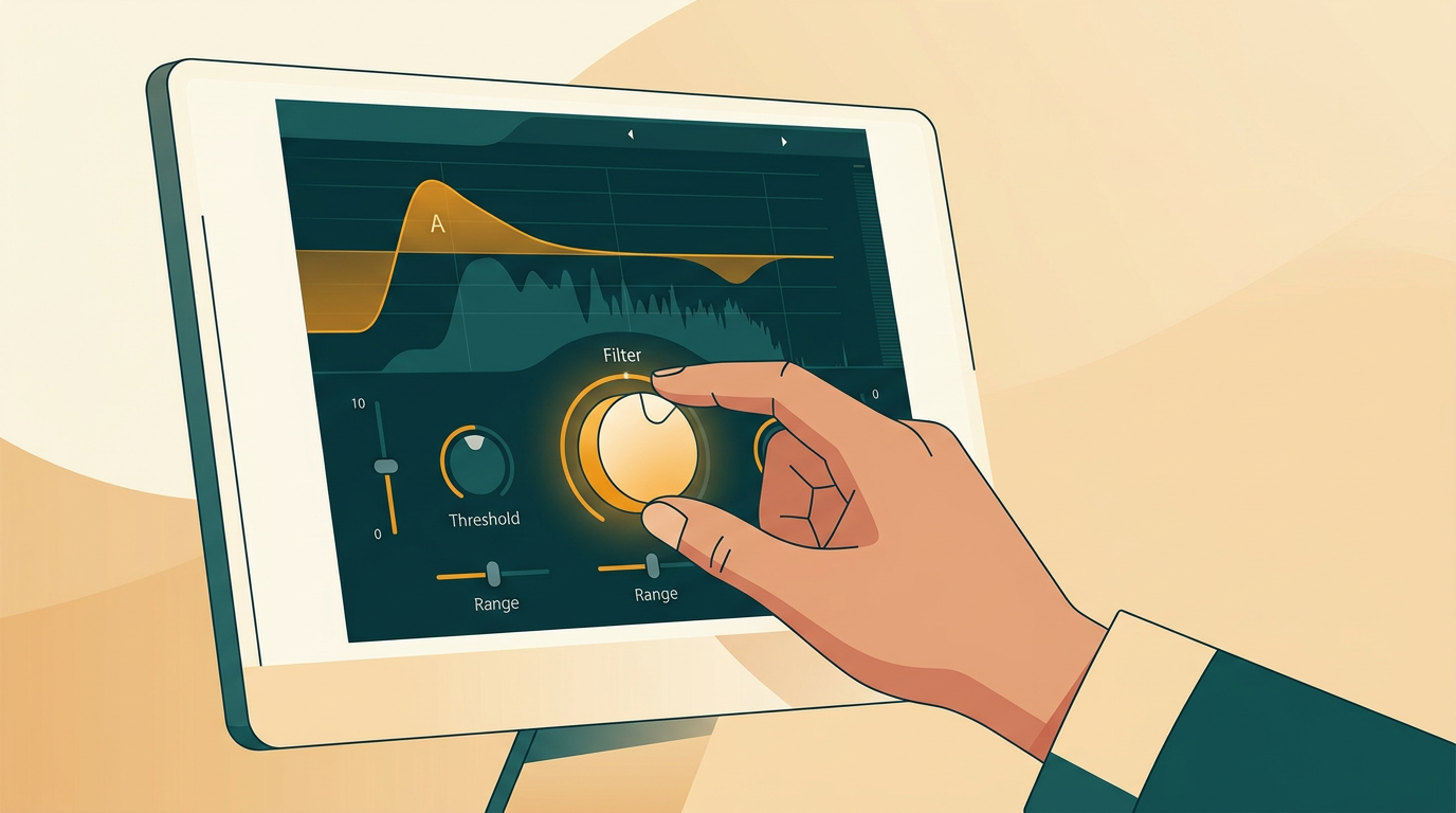 a close-up shot of a music producer's hand adjusting a virtual knob on a computer screen showing the FabFilter Pro-DS plugin interface