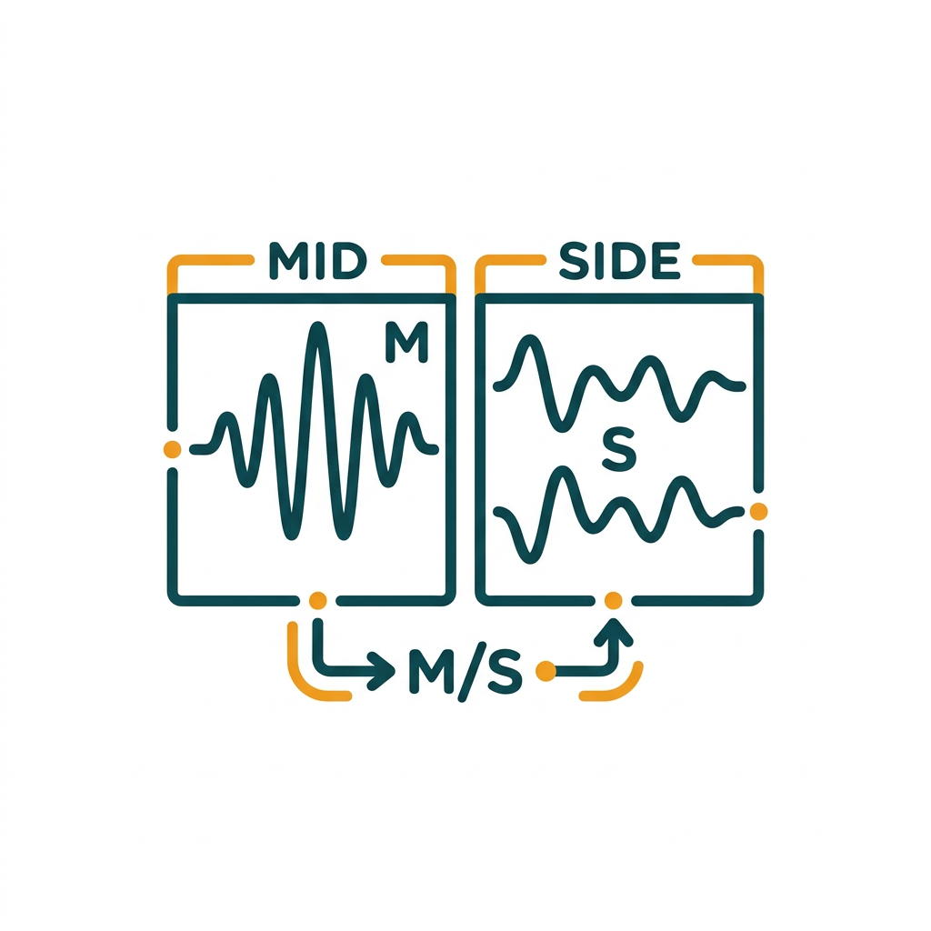 a side-by-side view of a stereo track split into 'Mid' and 'Side' channels