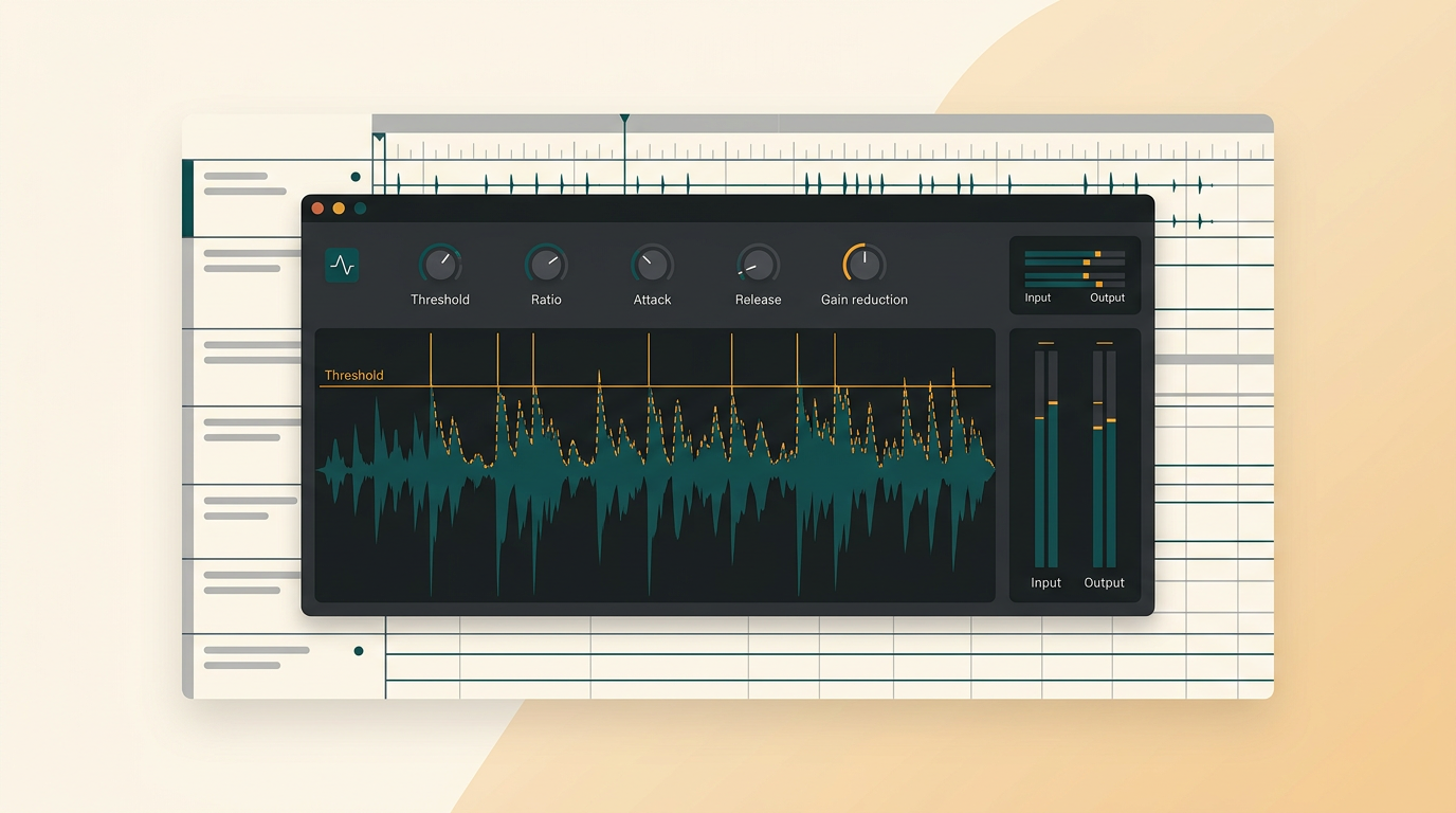 a sleek dark-themed audio plugin interface showing a dynamic waveform graph with threshold and ratio controls on a digital audio workstation timeline