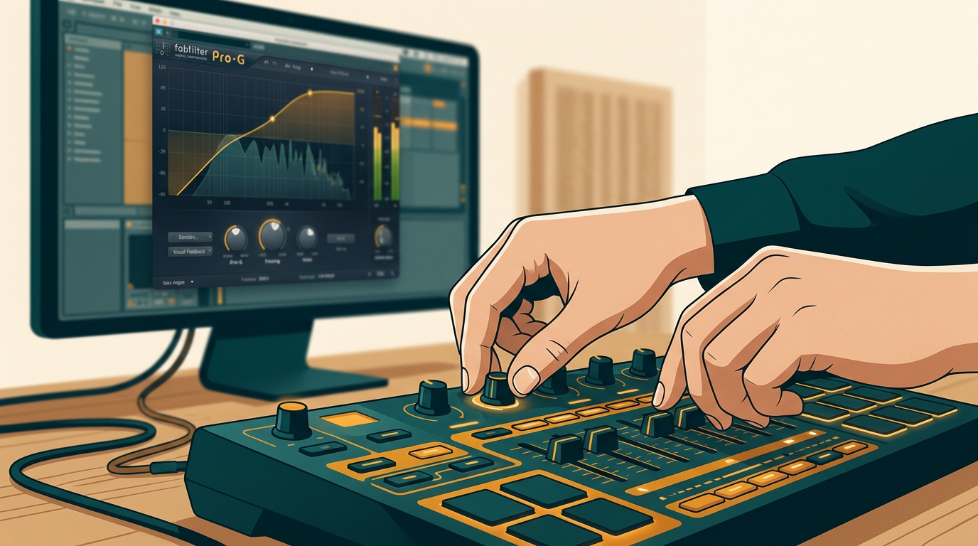 a focused shot of a music producer's hands adjusting knobs on a MIDI controller, with a computer screen showing the FabFilter Pro-G plugin blurred in the background