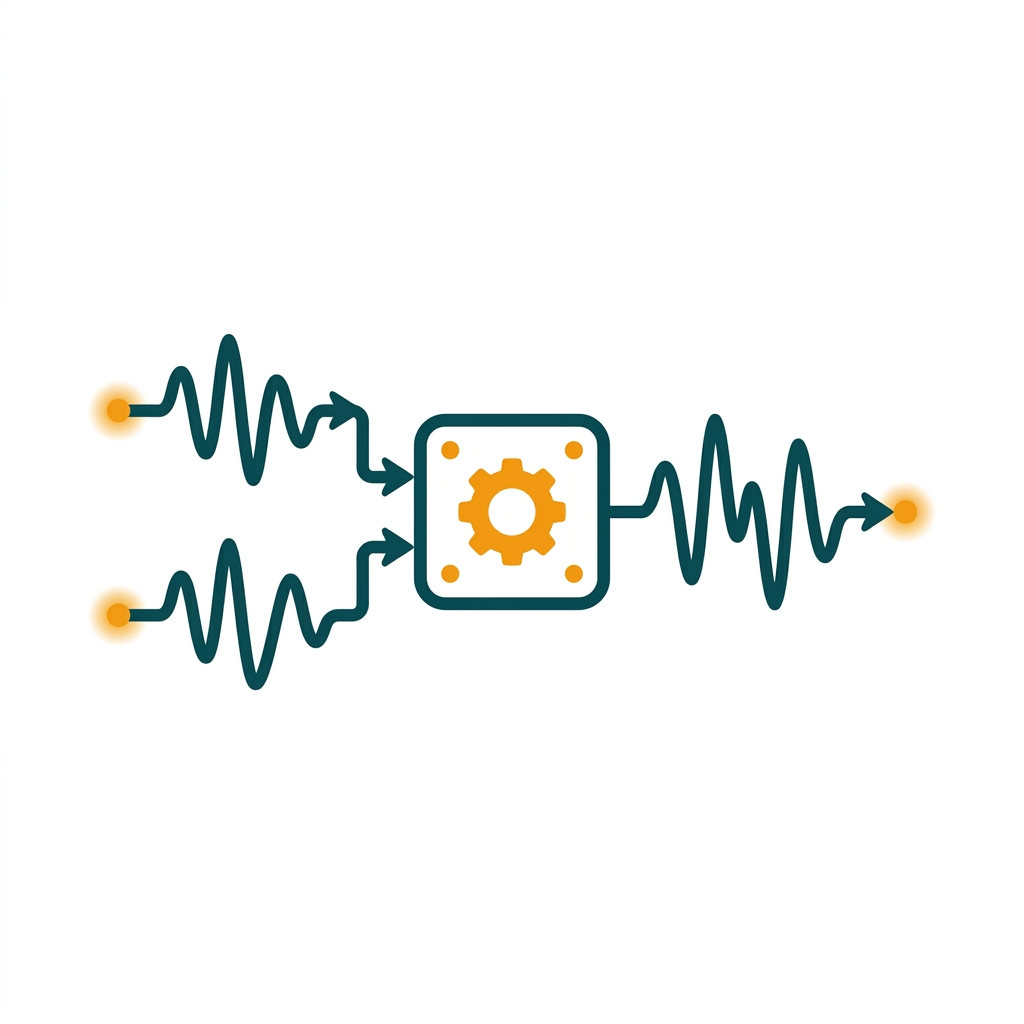 a diagram showing two audio signals merging into one processing unit