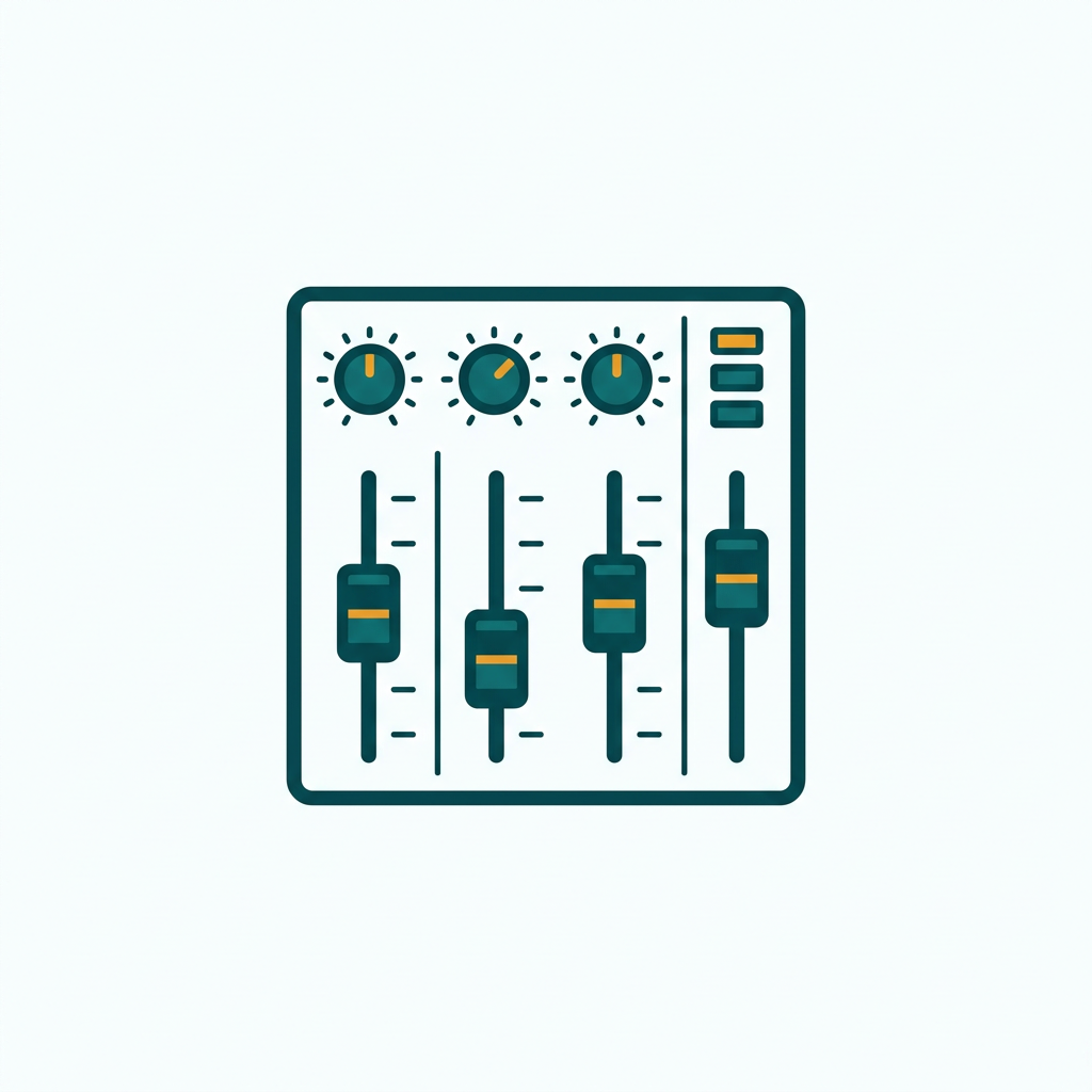 a close-up of several rotary knobs and faders on a mixing console