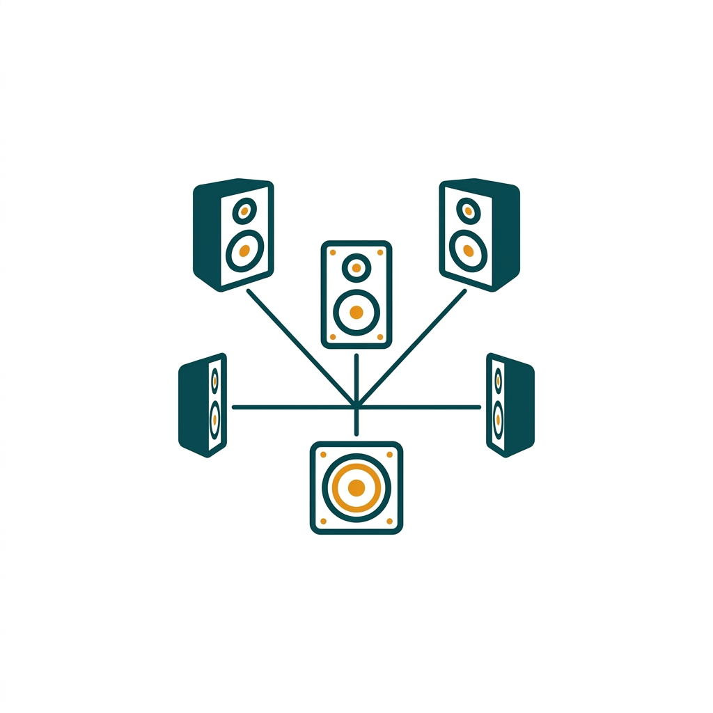 a speaker setup diagram showing five speakers and a subwoofer icon