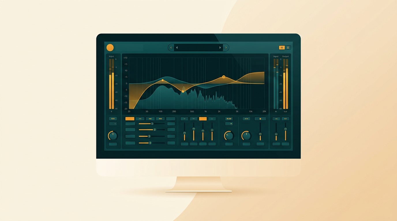 a sleek, dark-themed audio plugin interface showing multiple frequency bands with dynamic processing curves, displayed on a studio monitor screen